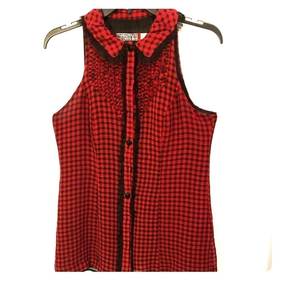 Forever 21 Cirque Red & Black Checkered Sleeveless Button-Down Top – Size M - Picture 1 of 11